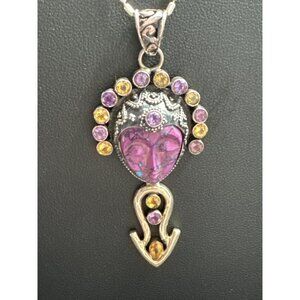 Boho Handcrafted Silver 925 Necklace With Purple Heart Face Pendant & Gemstones